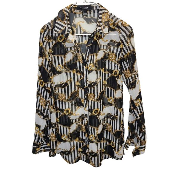 Forever 21 Nautical Black White Gold Sheer Long Sleeve Button Blouse Womens S - Picture 3 of 12